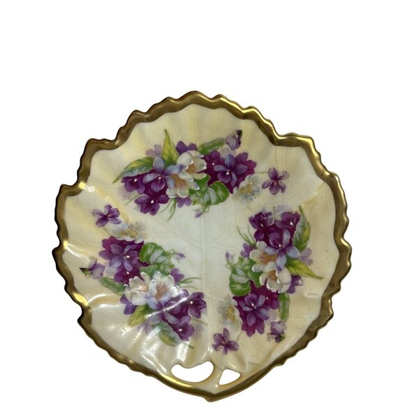 Vintage PRUSSIA B Lavender White Floral Gold Trim Leaf Trinket Candy Dish Bowl - Picture 9 of 9
